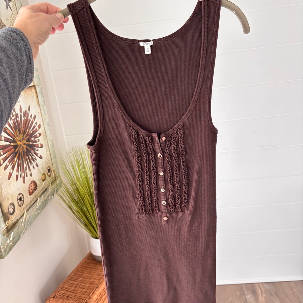 J. Crew Chocolate Brown Ribbed Tank with Button Accents Scoop Neck Size Medium